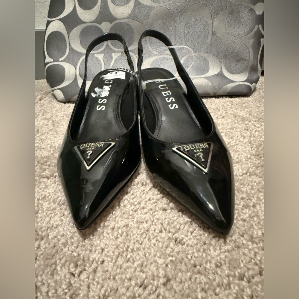 Guess Shiny Black Slingback Heels